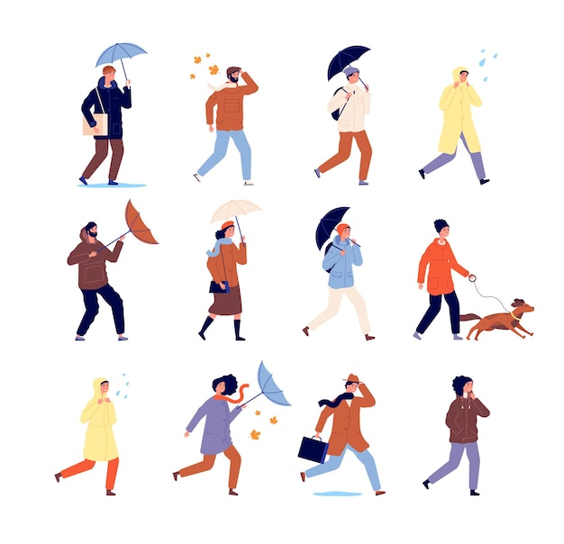 Outono pessoas caminhando. Personagens elegantes, pessoas casuais com guarda-chuva. Atividade ao ar livre, caminhada em tempo chuvoso. Conjunto de vetores de homem urbano isolado. Personagem com guarda-chuva caminhando ilustração ao ar livre