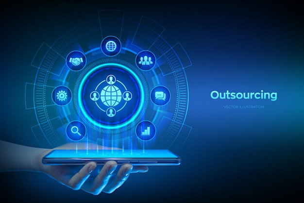 Outsourcing e RH Rede social e recrutamento global Recrutamento global Conceito de negócios e internet em tela virtual Smartphone na mão Usando smartphone Ilustração vetorial