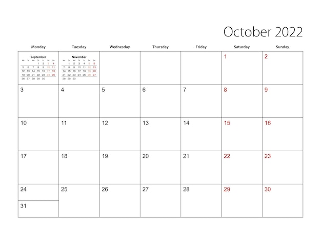 Outubro de 2022 planejador de calendário simples, semana começa na segunda-feira. planejador de calendário de vetor.