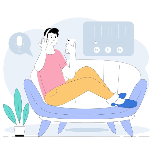 Ouvinte de podcast Sentado no sofá Desfrutando do conceito Pessoa usando um dispositivo elegante para explorar variedade de
