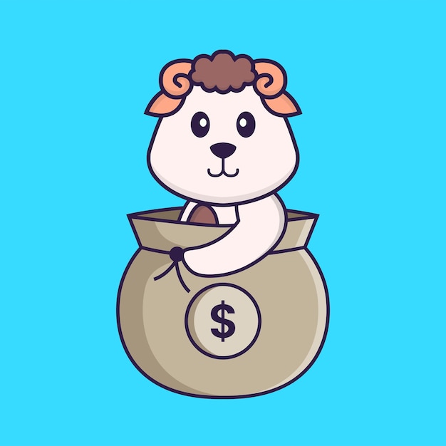 Ovelha bonita em um saco de dinheiro. conceito de desenho animado animal isolado.