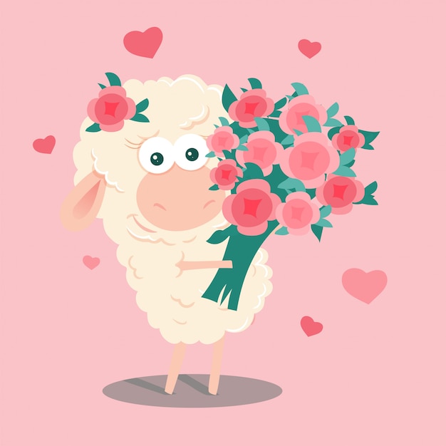 Vetor ovelha bonito dos desenhos animados com um buquê de rosas no dia dos namorados.