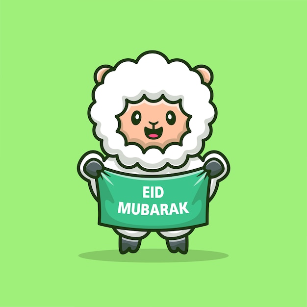 Vetor ovelhas bonitos segurando o banner eid mubarak cartoon icon ilustração. conceito de ícone de religião animal isolado. estilo flat cartoon