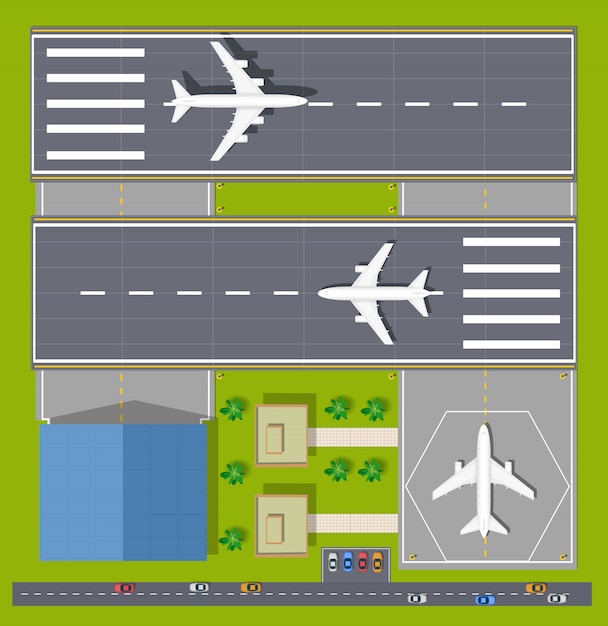 Vetor overhead ponto de vista do aeroporto com todos os edifícios, aviões, veículos e aeroporto