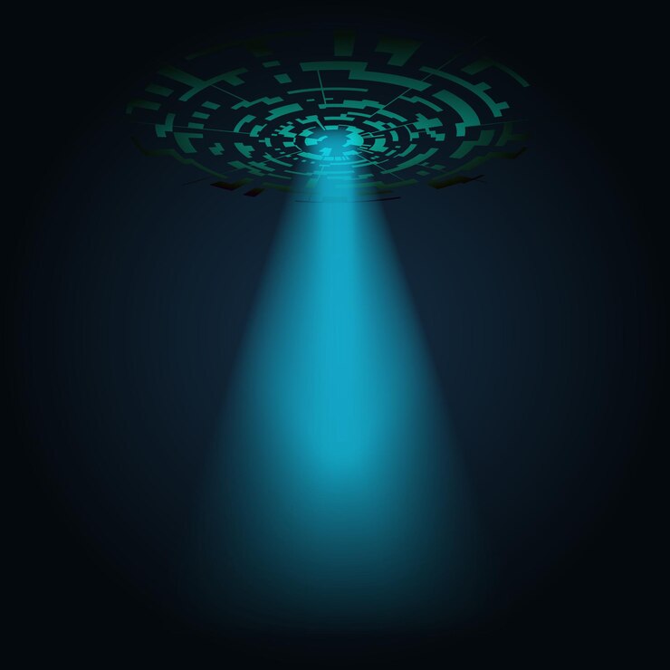Vetor ovni abstrato digital com um raio de luz brilhando em um fundo escuro forma geométrica de anel