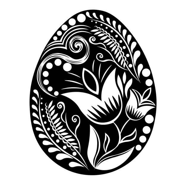 Ovo de páscoa preto e branco com um desenho floral no centro.