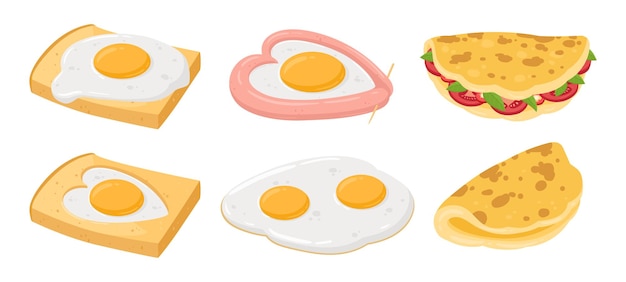 Ovos cozidos de desenho animado ovos de galinha pratos fritos ovo recheado e omelete mexido saudável delicioso café da manhã ilustração vetorial plana isolada no fundo branco
