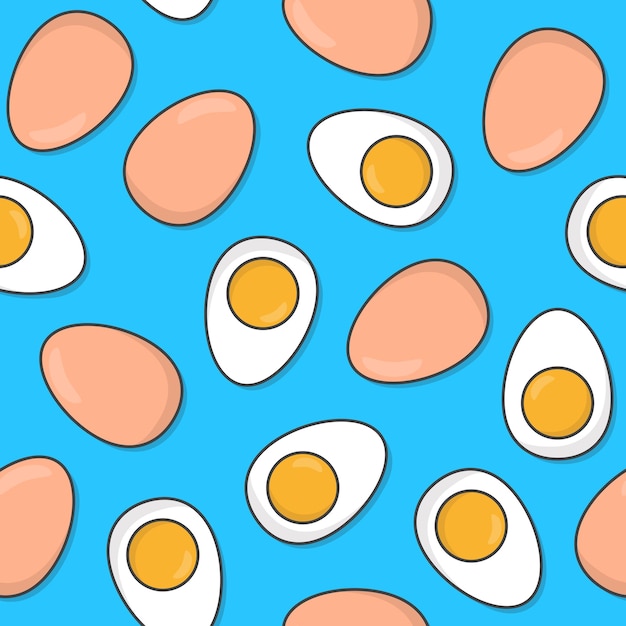 Ovos cozidos de frango padrão sem emenda em uma ilustração de tema de ícone de ovos de fundo azul