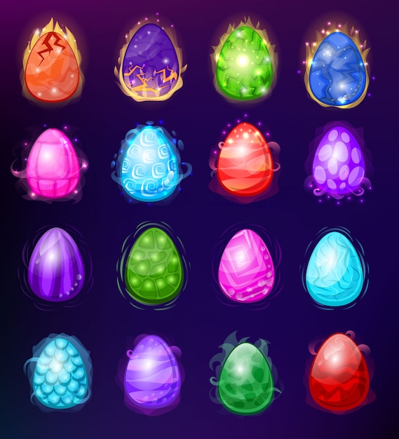 Vetor ovos de dragão vector casca de ovo de desenhos animados e ovos coloridos em forma de páscoa
