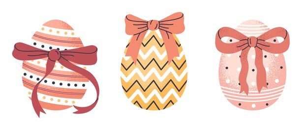 Vetor ovos de páscoa com laços pintados de primavera ovos de chocolate de férias de páscua com fita traduções tradicionais de pásqua conjunto de ilustrações vetoriais planas ovos decorativos desenhados à mão em branco