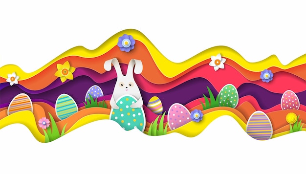 Vetor ovos de páscoa de coelhinho fofo na ilustração de corte de papel de vetor de fundo em camadas onduladas coloridas modelo de banner de caça ao ovo