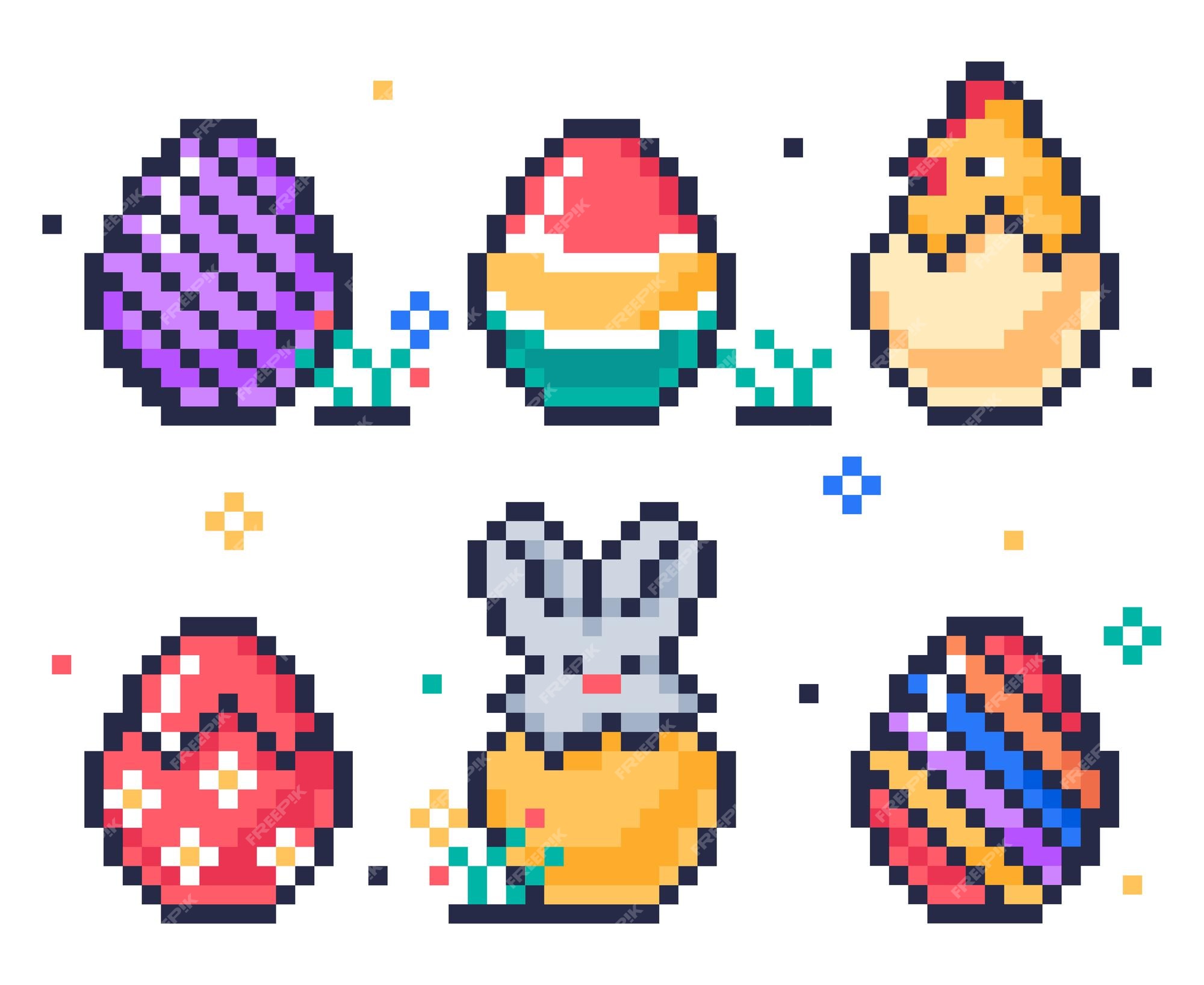 Ovos de páscoa de pixel 8 bits pixel art jogo de arcade ícones de ovos  pintados ovos de galinha coelhinho fofo e jogo de caça ao ovo de galinha  bebê ilustração vetorial