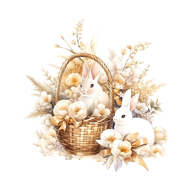 Ovos de páscoa dourados com flores em uma cesta coelho branco estilo vintage em fundo branco