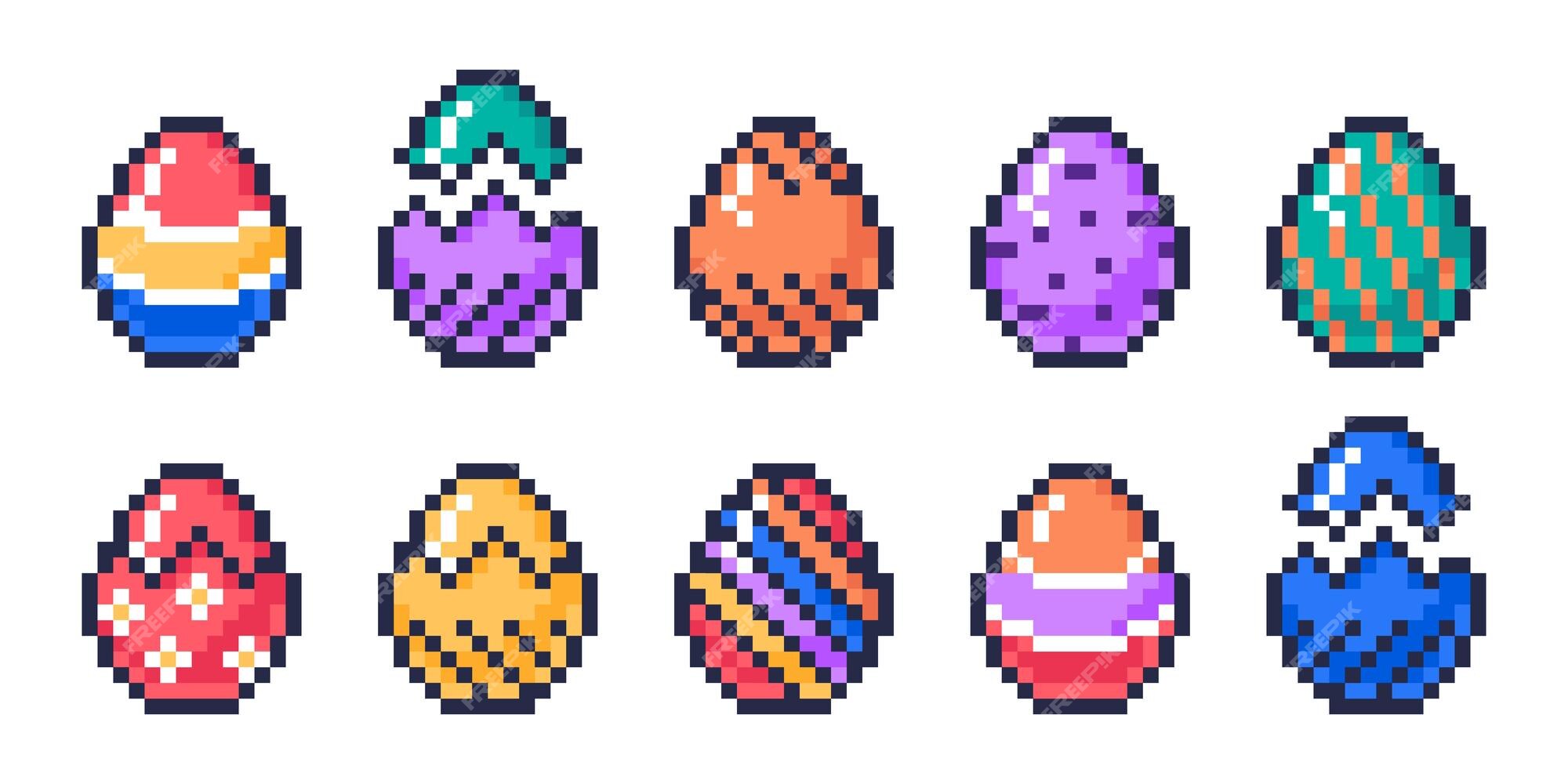 Pixel art jogo de arcade ovos páscoa pixel ovos de 8 bits ovos de galinha  pintados jogo de caça aos ovos de galinha ilustração em vetor plano  definido em fundo branco