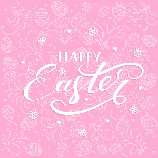 Vetor ovos decorativos de páscoa com padrões e elementos ornamentados em letras de férias de fundo rosa feliz ilustração de páscoa
