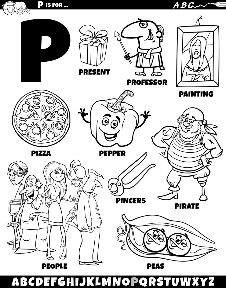 Vetor p conjunto de letras com objetos de desenho animado e personagens página de coloração