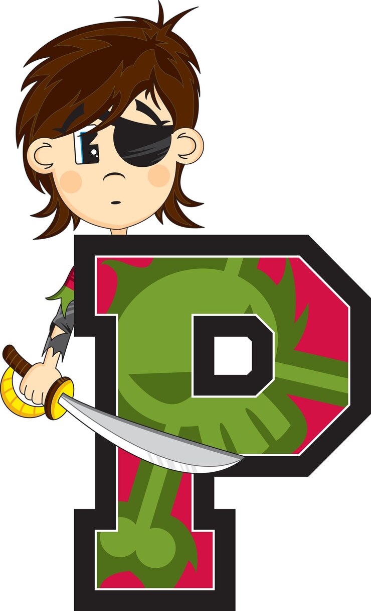 Vetor p é para pirata com tapa-olho espadachim alfabeto aprendizagem ilustração educacional