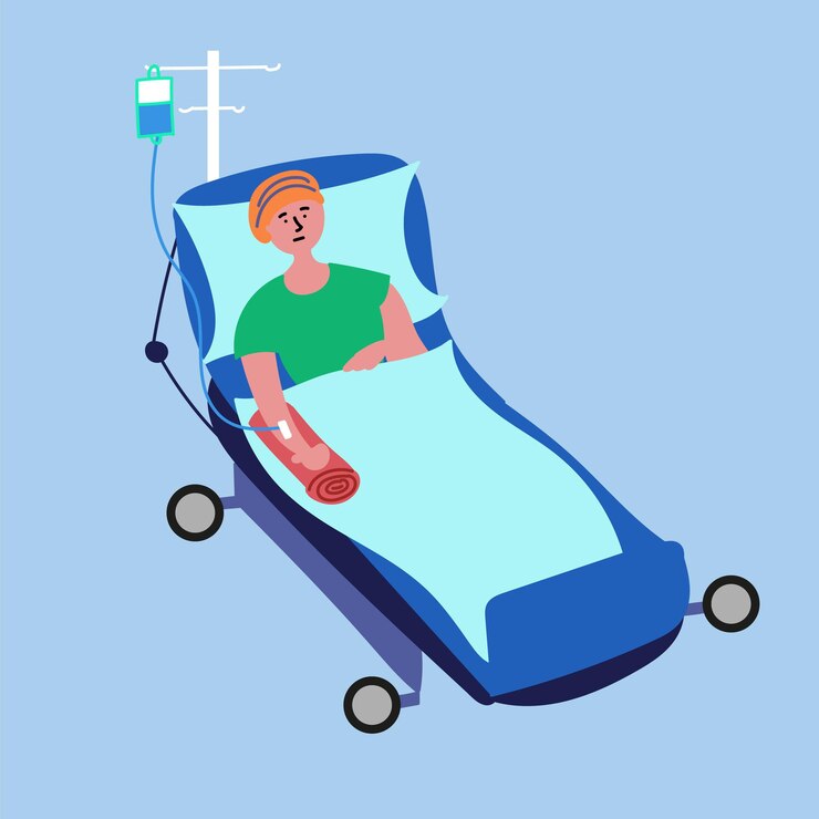 Vetor paciente com câncer encontra-se em uma cama de hospital submetido a procedimento de quimioterapia médica