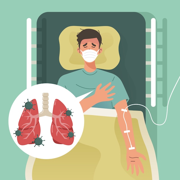 Vetor paciente com coronavírus no hospital. jovem com pneumonia