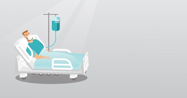 Paciente deitado na cama de hospital com máscara de oxigênio.