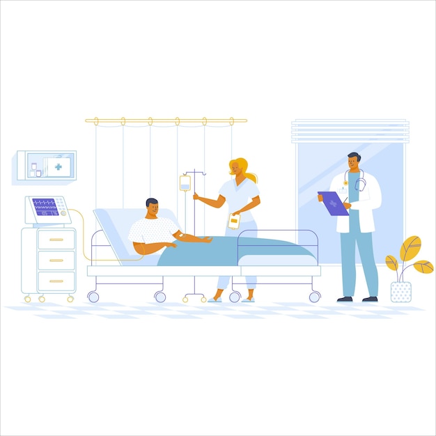 Paciente em leito de hospital Ilustração vetorial em estilo de desenho animado plano