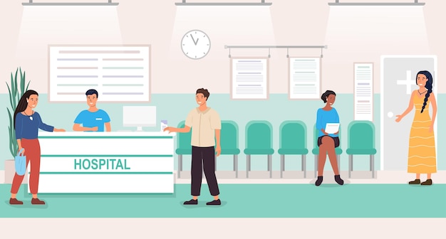 Pacientes na recepção de um hospital a registar-se e a pagar na recepção ou a sentar-se à espera do