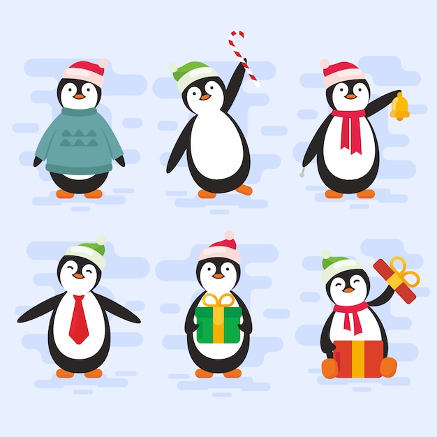 Pack de personagem de pinguim de natal em design plano