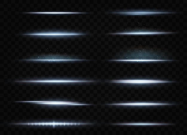 Pacote com destaques horizontais azuis feixes de néon laser feixes azuis claros horizontais lindos flashes de luz listras brilhantes em um fundo escuro