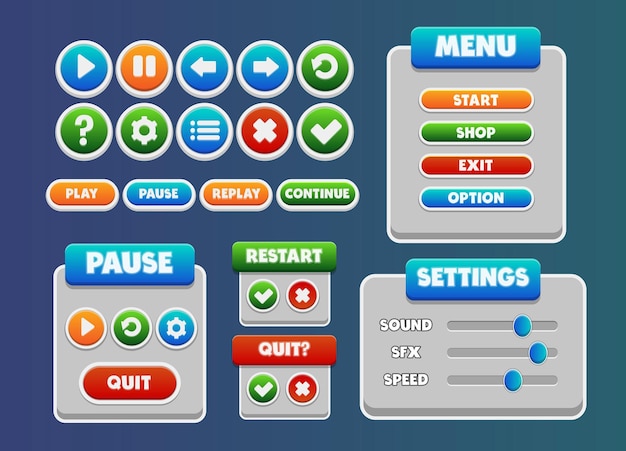 Vetor pacote completo de ui de jogo vetorial com painel de menu de botões e muito mais