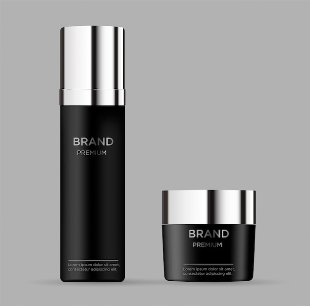 Pacote cosmético em branco isolado em fundo cinza. Tubo para espuma ouvir estilo, spray de cabelo, desodorante, creme.