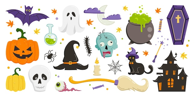 Pacote de adesivos de elementos de desenhos animados de Halloween ilustração vetorial grande conjunto de elementos de design assustadores