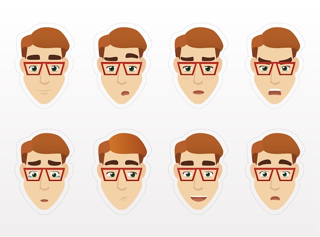 Pacote de adesivos de emoções do jovem empresário Vector cartoon emoções humanas Homens de óculos