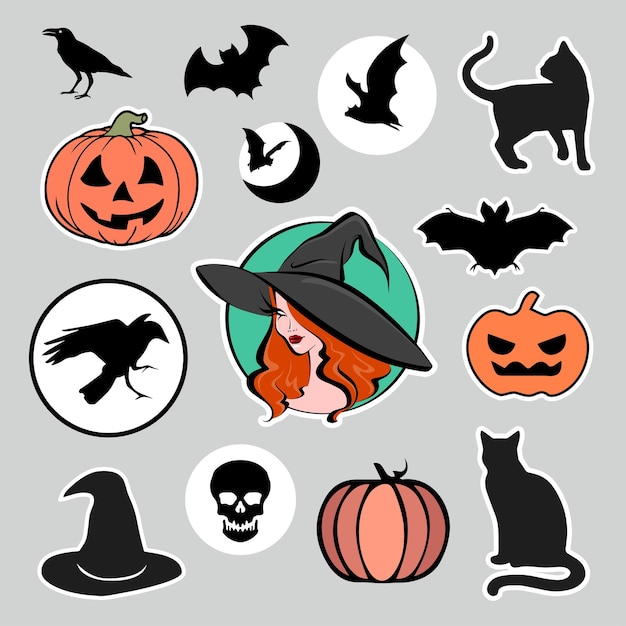 Vetor pacote de adesivos de halloween composto de abóboras, morcegos, bruxa bonita, gatos, corvos e scull como padrões