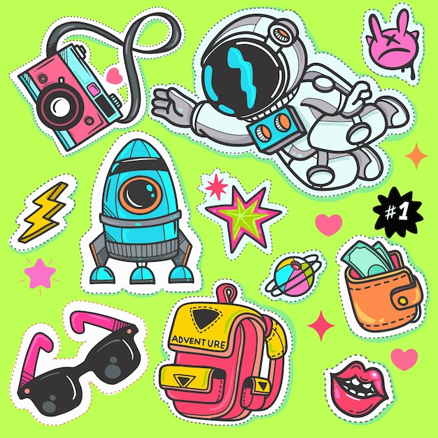 Pacote de adesivos de personagens de desenhos animados engraçados ilustração vetorial de mochila de foguete de astronauta em quadrinhos lábio de estrela etc