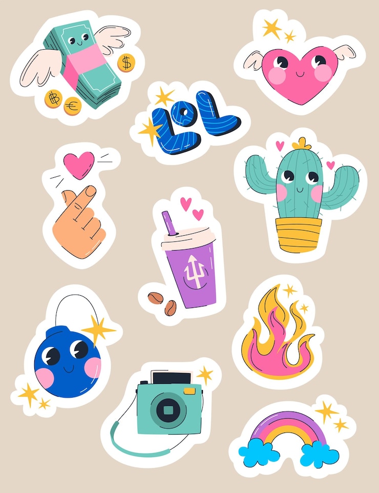 Vetor pacote de adesivos fofos com elementos hipster grande conjunto criativo, incluindo câmera instantânea de dinheiro de fogo de cacto coração coreano conjunto de ilustração de estilo de desenho animado feito em vetor