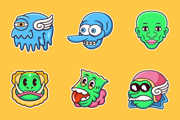 Pacote de adesivos legal do personagem de cabeça de desenho animado engraçado. Ilustração de ícone vetorial isolada em vetor premium