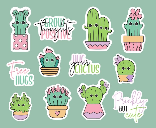 Vetor pacote de adesivos vetoriais fofos de cactos de rabiscos kawaii em vasos ilustração de crianças cactos de bebê em estilo cartoon suculentas jardinagem plantas caseiras