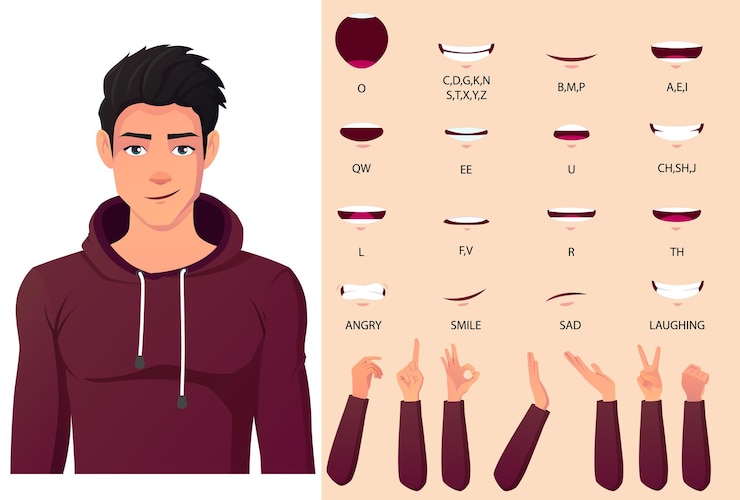 Vetor pacote de animação de boca de homem branco com conjunto de sincronização labial. ajuste o homem de capuz vermelho com conjunto plano de gestos de mão.