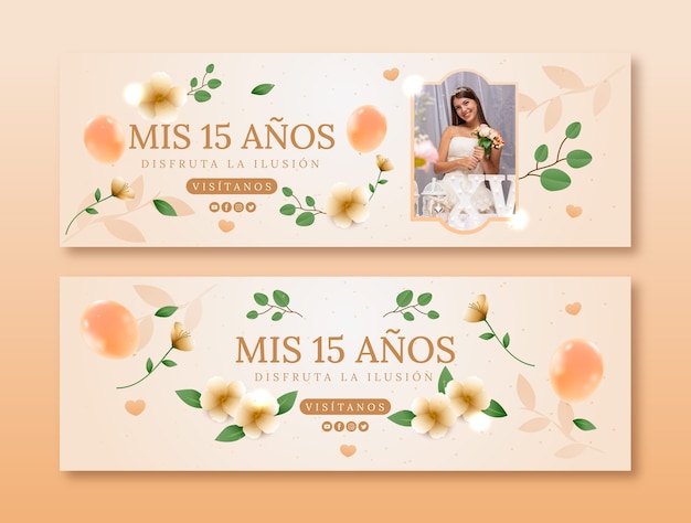 Vetor pacote de banners horizontais gradiente quinceanera