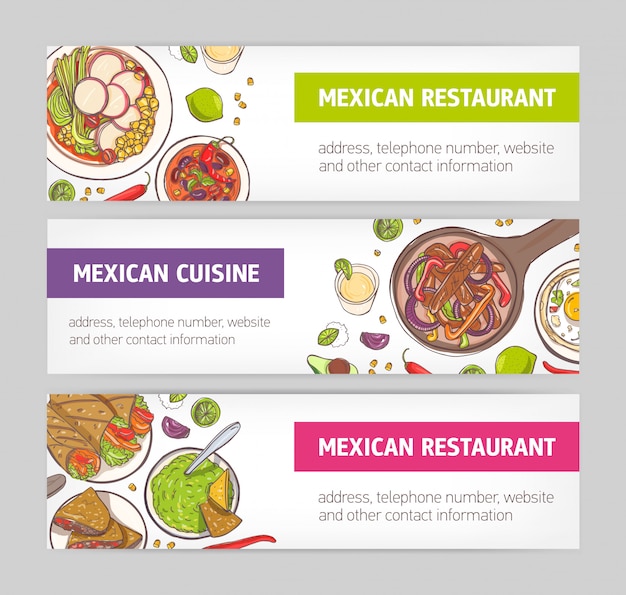 Pacote de banners web horizontais com refeições nacionais da culinária mexicana e lugar para texto