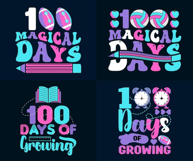 Vetor pacote de camisetas comemorativas de 100 dias, conjunto de camisetas escolares exclusivas e coloridas para 100 dias