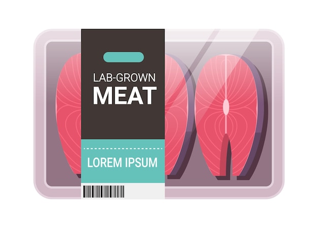 Pacote de carne de peixe vermelho cru cultivado, recipiente de bandeja de plástico, bife feito de células animais, produção de carne cultivada em laboratório artificial