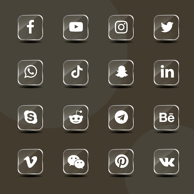 Pacote de coleção de ícones de vidro prateado de mídia social