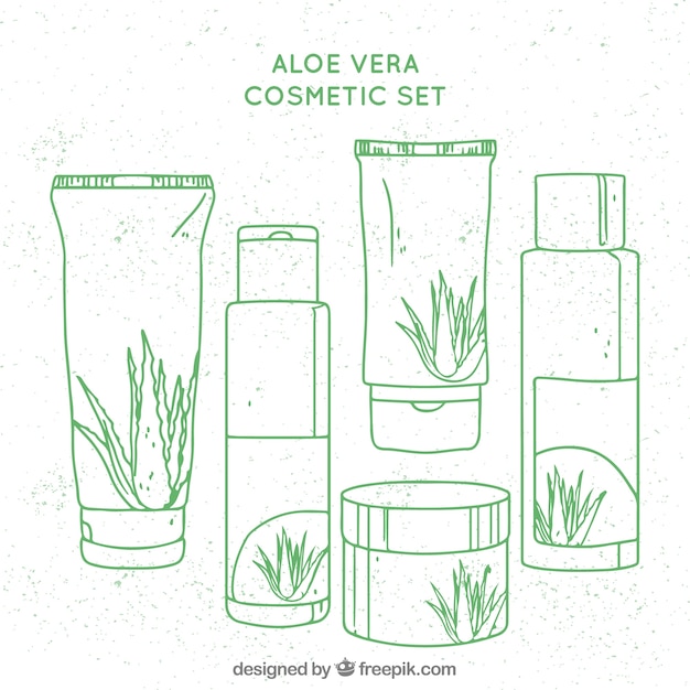 Pacote de cosméticos de aloe verdura desenhados à mão