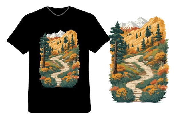 Vetor pacote de design de camiseta uma ilustração de árvores de sol de montanha vetor de camiseta