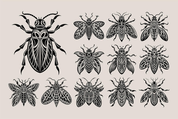 Pacote de design de ilustração detalhada da silhueta do bug