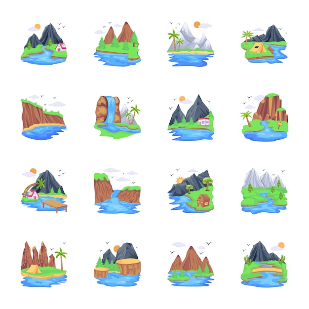 Pacote de designs de vetores planos de belas montanhas