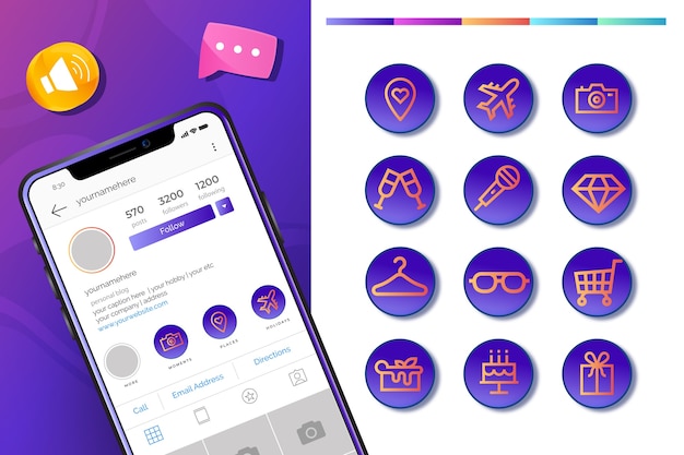 Vetor pacote de destaques do instagram gradiente