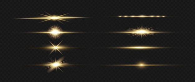 pacote de flares de lente horizontal amarela. Feixes de laser, raios de luz horizontais.