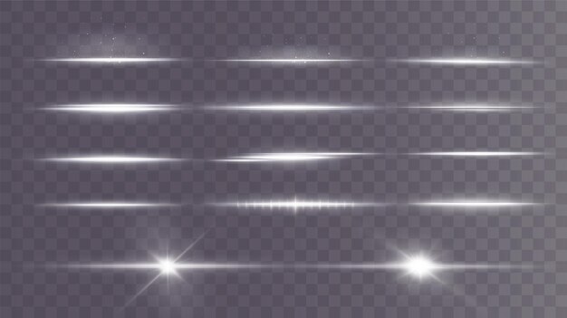 Pacote de flares de lente horizontal branca. Feixes de laser, raios de luz horizontais.